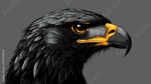Detailed profile portrait of a majestic black eagle head with sharp gaze and yellow beak against a gray background.
