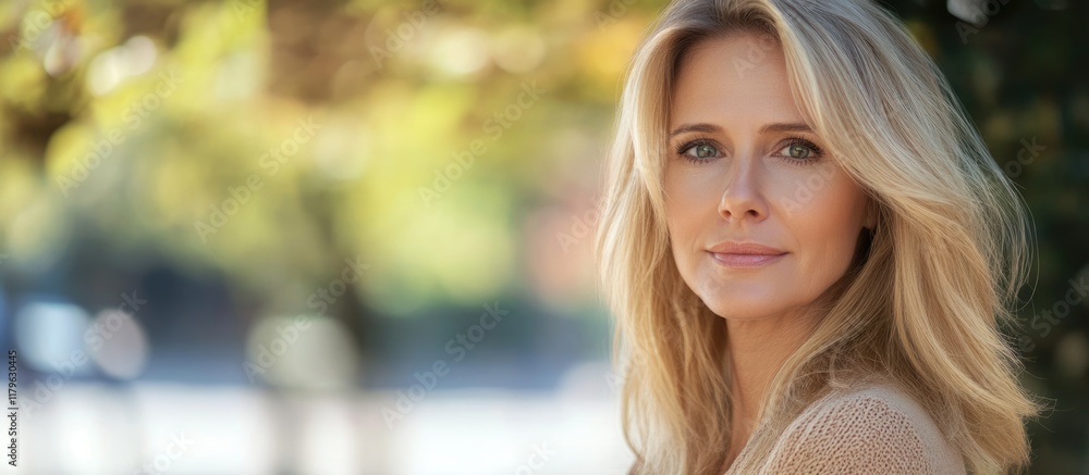 Fototapeta premium Closeup portrait of a beautiful blonde middle-aged woman in soft natural light with greenery background and large empty copyspace for text