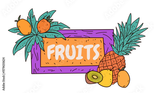 Fruit-themed design featuring tropical fruits including pineapple kiwi lemon with green leaves on a purple background. Bright colors and playful style