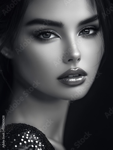 Glamorous portrait of a beautiful girl with striking features and glossy lips in black and white, featuring ample copyspace for text in a studio setting. photo