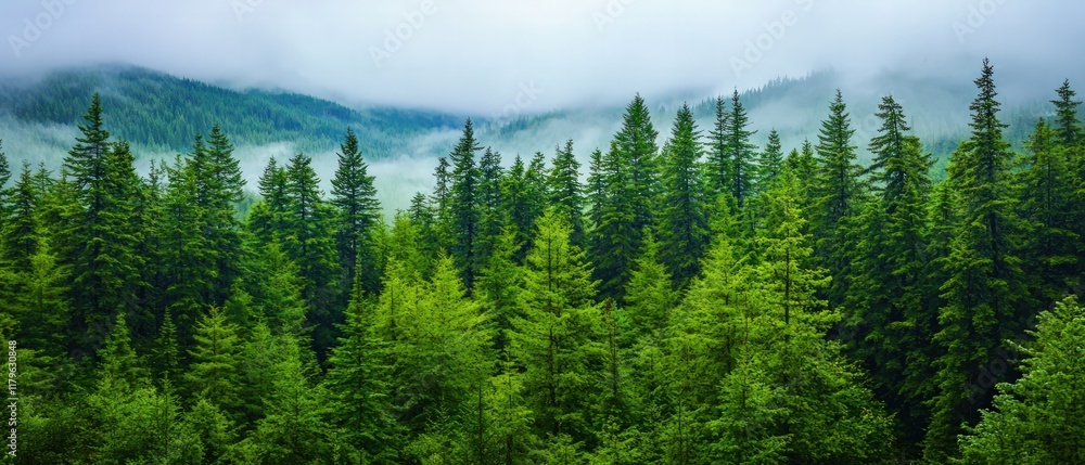 Fototapeta premium Lush evergreen forest with misty mountains in the background, creating a serene and tranquil natural landscape.