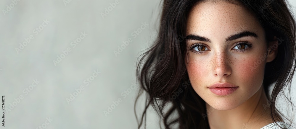Elegant portrait of sophisticated businesswoman with dark brunette hair against soft blurred neutral background showcasing natural beauty and professional success Elegant portrait of sophisticated businesswoman with dark brunette hair against soft blurred neutral background showcasing natural beauty and professional success