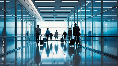 Travelers walking through a modern airport terminal with glass walls, reflective floors, and rolling suitcases

 photo