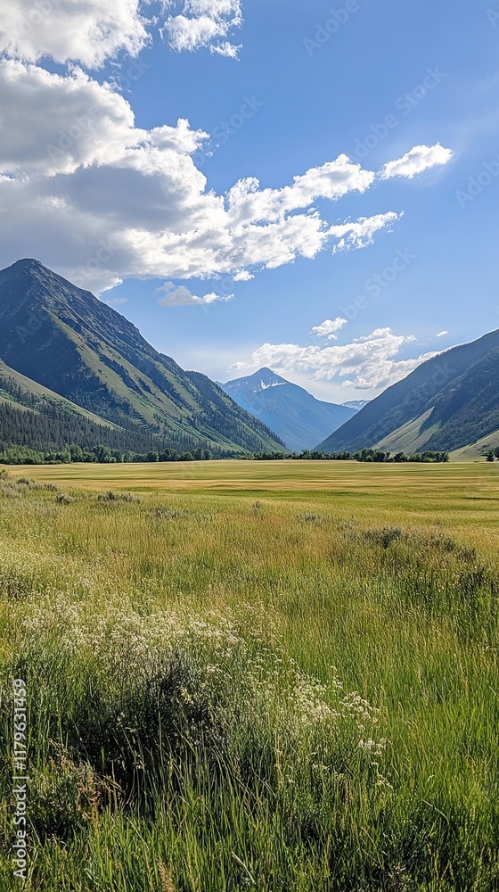 Fototapeta premium Majestic Mountain Valley Landscape with Lush Green Meadow