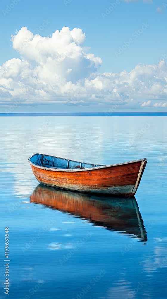 Serene Wooden Boat on Calm Water, Azure Sky, Peaceful Reflection Serene Wooden Boat on Calm Water, Azure Sky, Peaceful Reflection
