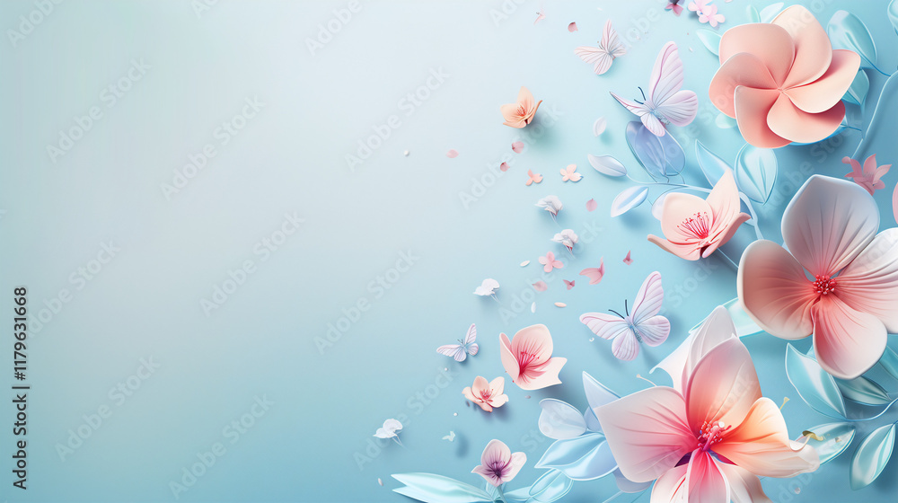 Elegant Floral and Butterfly Illustration on Blue Background - Ideal for Spring and Nature-Themed Designs Elegant Floral and Butterfly Illustration on Blue Background - Ideal for Spring and Nature-Themed Designs