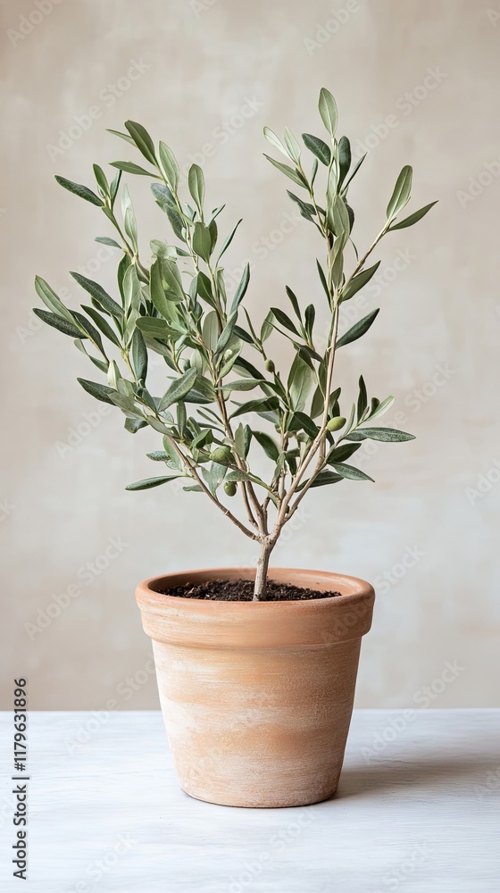 Fototapeta premium Elegant Olive Tree in Terracotta Pot - A Touch of Nature