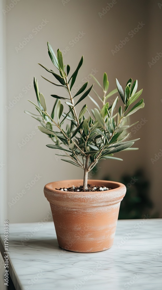 Fototapeta premium A Verdant Olive Tree in a Terracotta Pot
