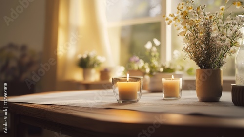 Wallpaper Mural The aromatherapy candles on the wooden table, white tablecloth, exquisite floral arrangement, soft lighting, and blurry background create a peaceful and warm atmosphere Torontodigital.ca