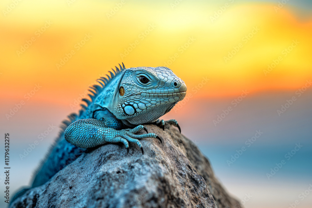 Obraz premium Vibrant Blue Lizard Perched on a Rock Against a Stunning Sunset Background