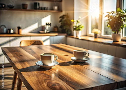 Wallpaper Mural Warm morning light illuminates a simple wooden table, coffee cups and shadows, leaving room for your text. Torontodigital.ca