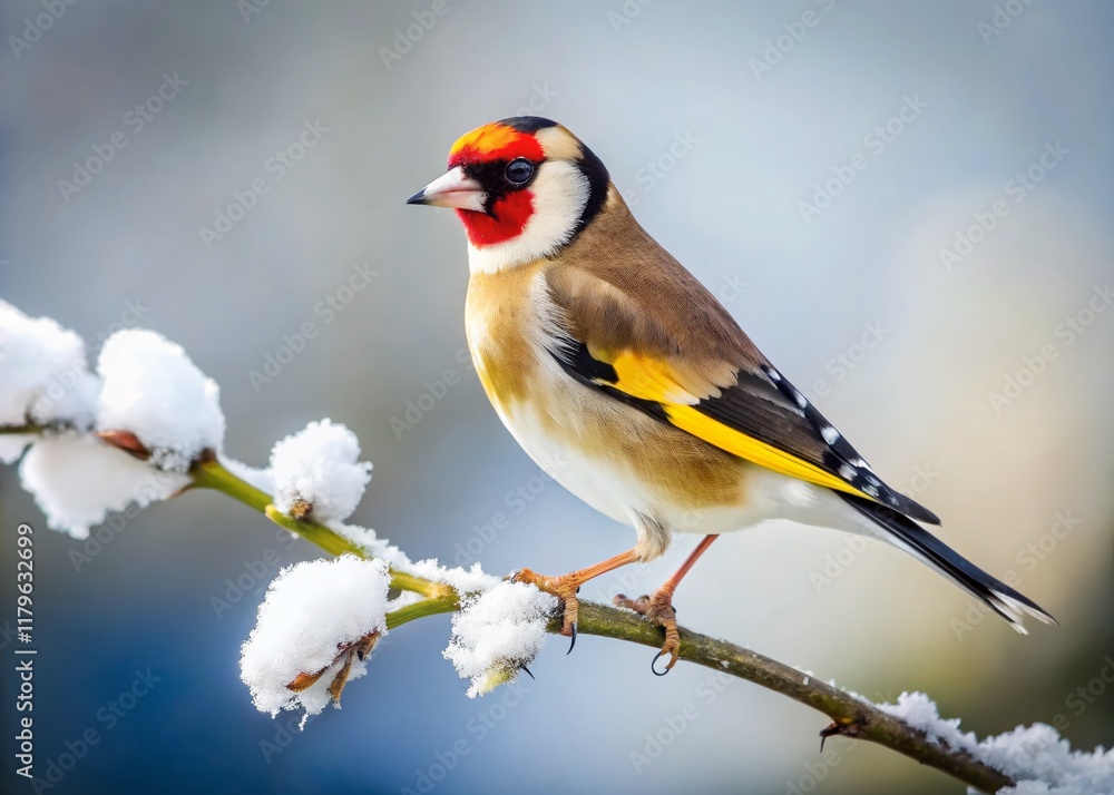 Goldfinch Winter Portrait: Vibrant Bird in Snowy Landscape Goldfinch Winter Portrait: Vibrant Bird in Snowy Landscape