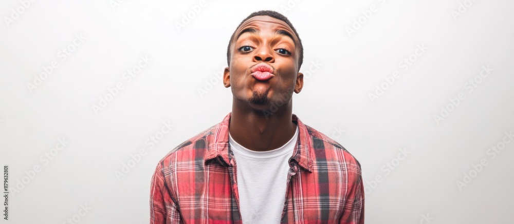 Casual African American man in plaid shirt making humorous fish face expression against a clean white background with ample copyspace for text.