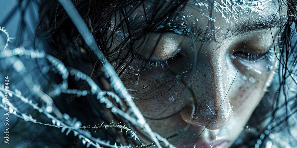 Close-up Portrait of a Woman with Hair and Translucent Filaments Close-up Portrait of a Woman with Hair and Translucent Filaments