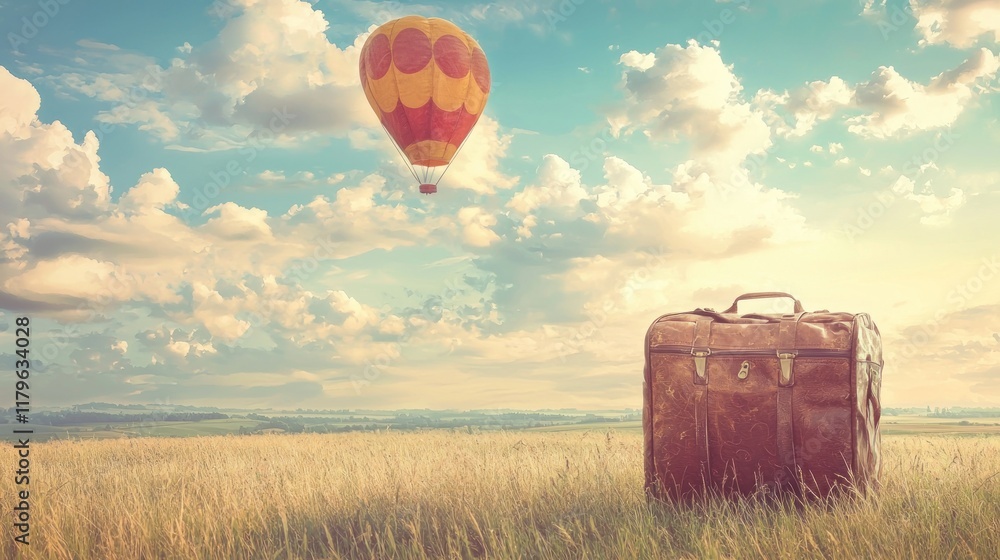 Obraz premium Vintage Suitcase and Hot Air Balloon in a Serene Field