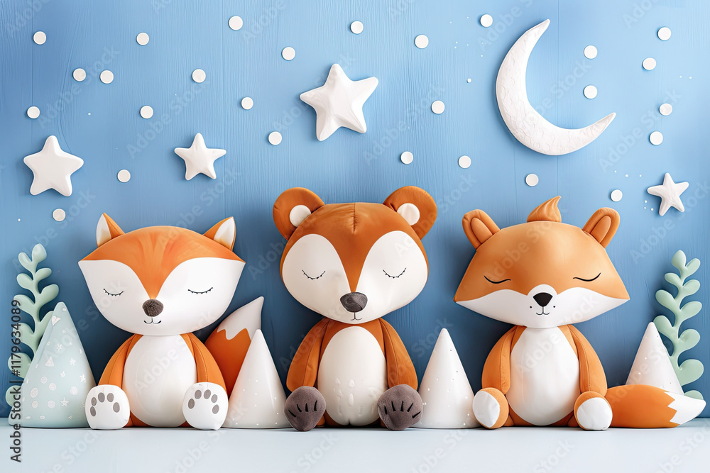 Obraz premium Cute plush animals with stars and moon in whimsical setting