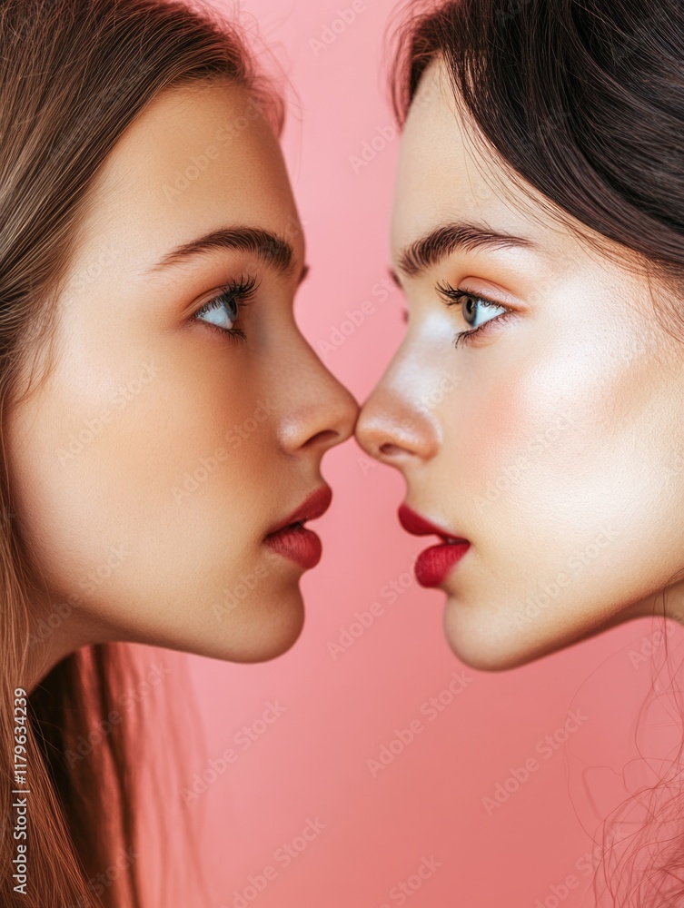 Beautiful portrait of two young women with long hair facing each other against a soft pink background, capturing the essence of friendship and connection.