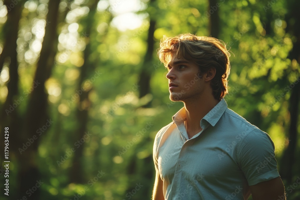 Handsome young man standing in a sunlit forest during summer, surrounded by lush green trees, with ample empty space for text overlay. Handsome young man standing in a sunlit forest during summer, surrounded by lush green trees, with ample empty space for text overlay.