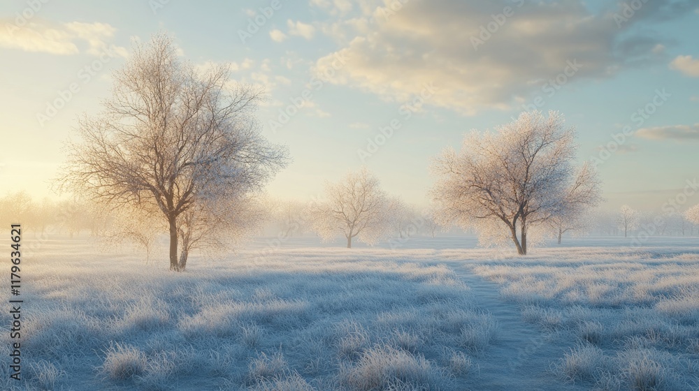 A peaceful winter morning with frost-covered trees glistening in the soft sunlight. A peaceful winter morning with frost-covered trees glistening in the soft sunlight.