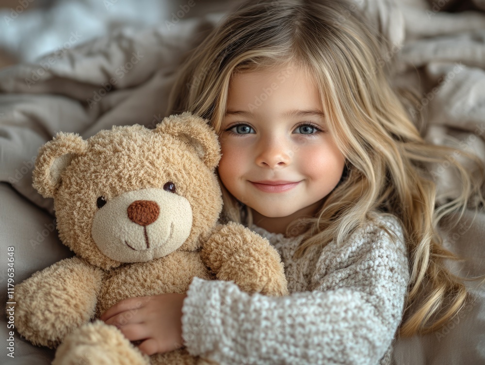 Adorable young girl with long blonde hair cuddling a soft beige teddy bear while lying on a cozy neutral-toned bed, evoking feelings of childhood innocence and warmth. Adorable young girl with long blonde hair cuddling a soft beige teddy bear while lying on a cozy neutral-toned bed, evoking feelings of childhood innocence and warmth.