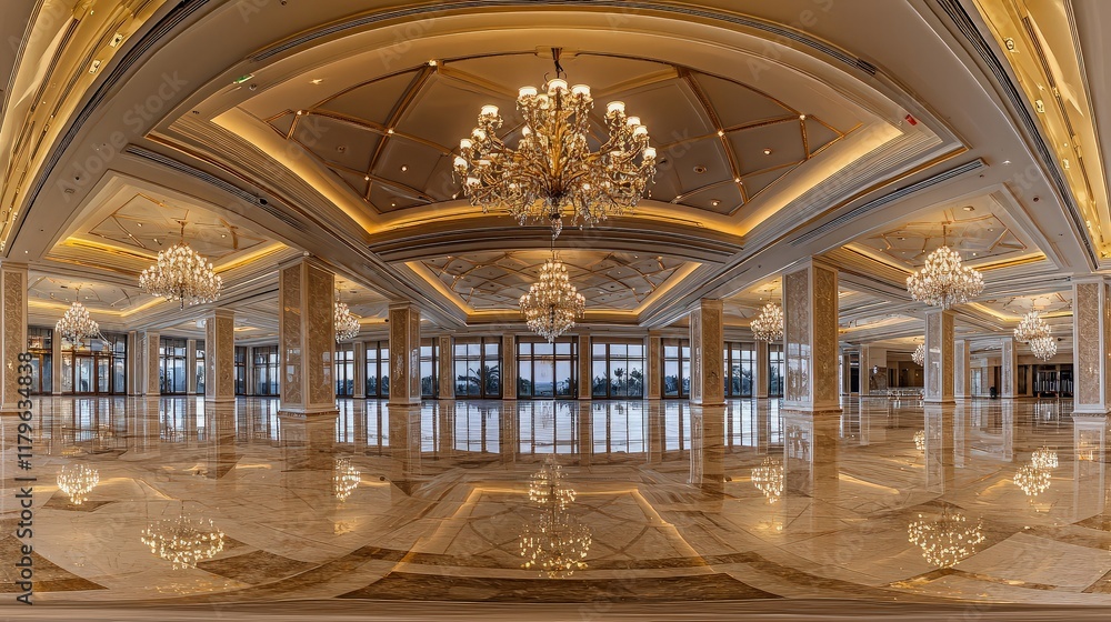 Obraz premium Luxurious hotel ballroom, grand chandeliers, marble floor, scenic view. Use Event venue promotion.