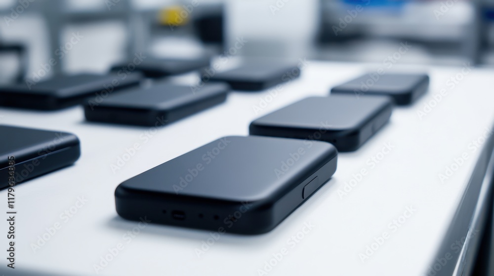 A collection of sleek, black electronic devices arranged neatly on a surface, showcasing modern design and technology.