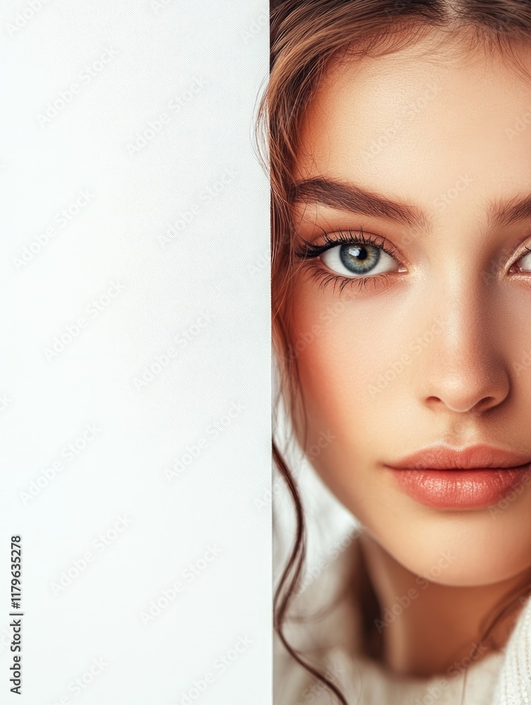 Obraz premium Close-up portrait of an attractive young woman with long brown hair and captivating blue eyes against a clean white background with ample copyspace.