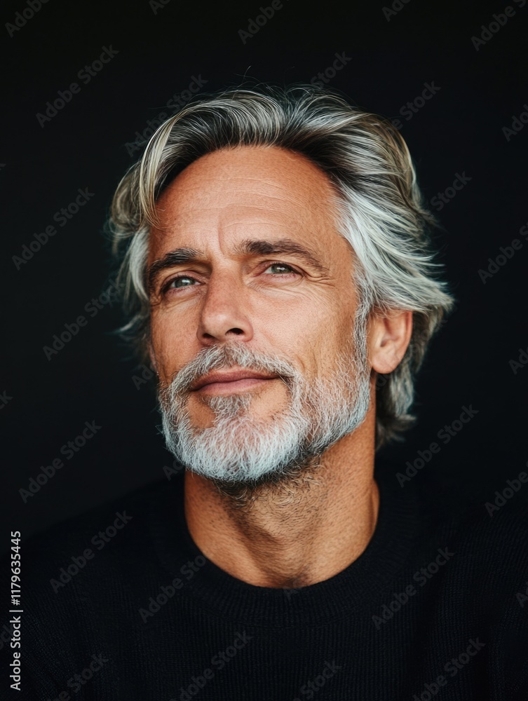 Fototapeta premium Mature man with silver hair and beard against a dark backdrop showcasing warm skin tones and facial expression, ideal for text overlay and branding.