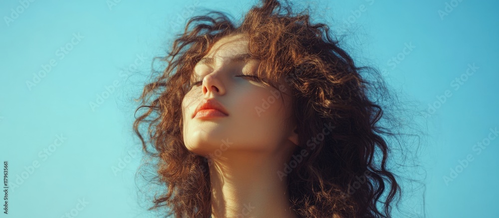 Obraz premium Beautiful young woman with curly hair against a bright blue sky, serene expression, large empty space for text, fashion photography concept.