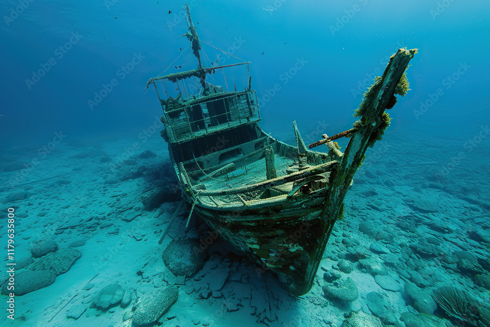 Underwater view of an old sunken ship on seabed with fish swimming around, abstract vivid composition consists of fictional unreal fantastic vision on background Underwater view of an old sunken ship on seabed with fish swimming around, abstract vivid composition consists of fictional unreal fantastic vision on background