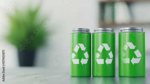 Wallpaper Mural Three green batteries with recycling symbols, representing eco-friendly energy solutions and sustainability in a modern setting. Torontodigital.ca