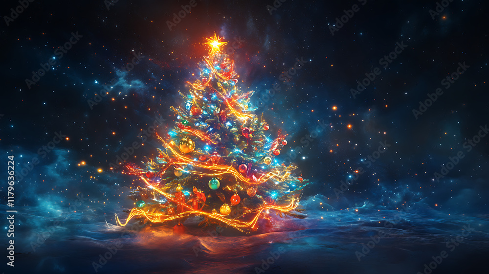 A vibrant, illuminated Christmas tree surrounded by a starry, cosmic backdrop. A vibrant, illuminated Christmas tree surrounded by a starry, cosmic backdrop.