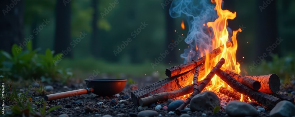 Campfire with rising smoke, grilling utensils nearby, background, glowing, smoke Campfire with rising smoke, grilling utensils nearby, background, glowing, smoke