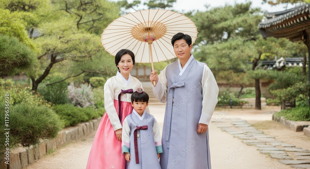 Traditional korean family in hanbok under a parasol in a serene garden setting