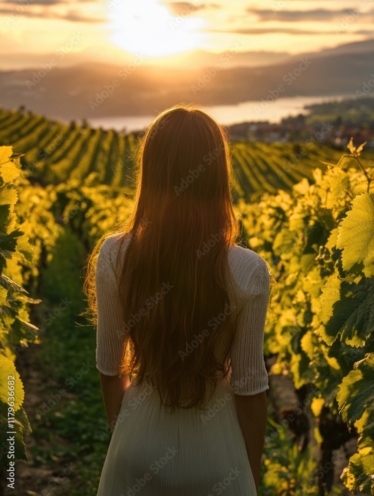 Naklejka premium Young woman with long brown hair standing in lush green vineyards during sunset in Lavaux, Switzerland, with expansive sky for text placement.