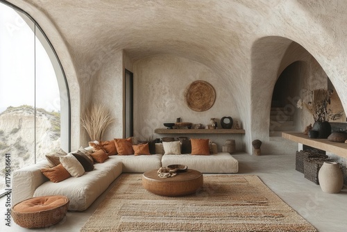 modern loft interior with arched window minimalist living room featuring beige sofa terra cotta accents and textured stucco wall design photo