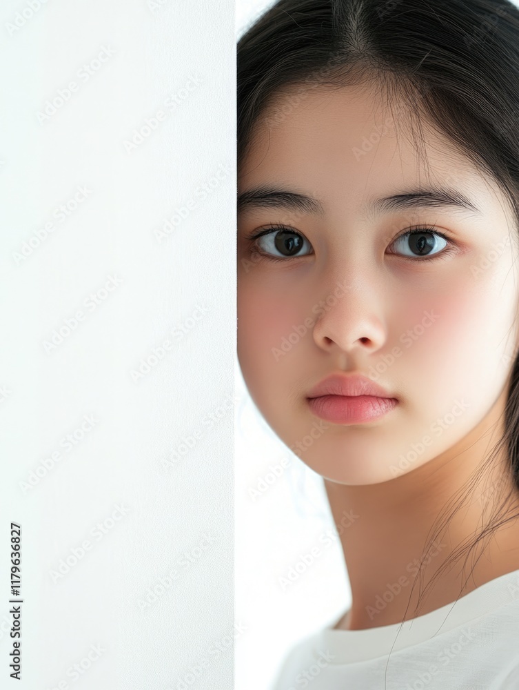 Young Asian girl portrait with soft brown skin, long black hair, and natural makeup, leaning against white wall with empty space for text. Young Asian girl portrait with soft brown skin, long black hair, and natural makeup, leaning against white wall with empty space for text.