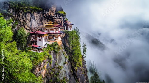 Mountaintop monastery, Bhutan, misty landscape, serene scene, travel photography.