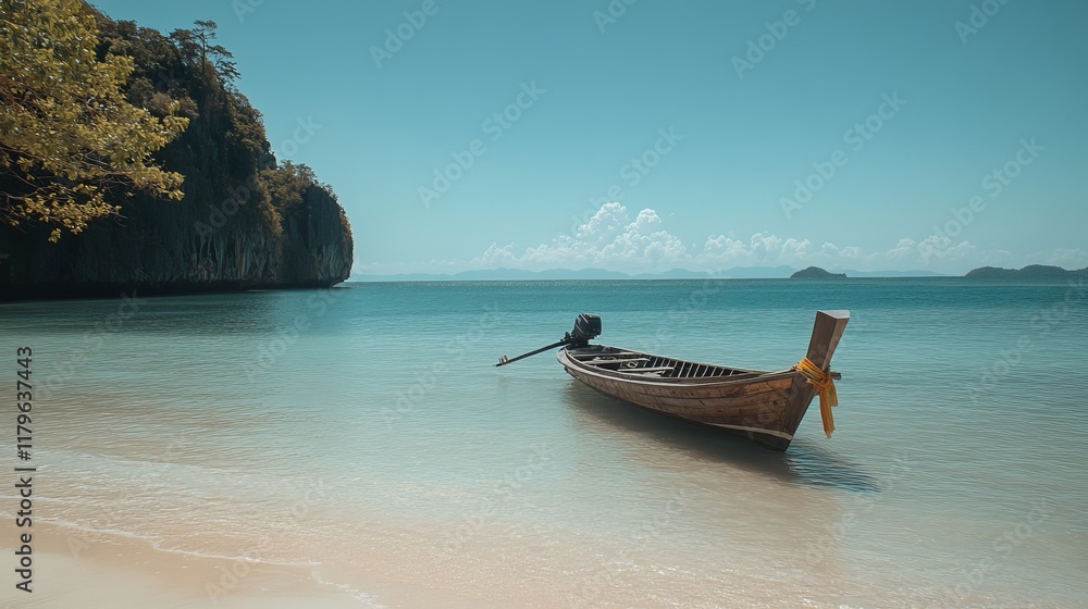 Serene Tropical Beach with a Traditional Longtail Boat - A Picture-Perfect Island Getaway Serene Tropical Beach with a Traditional Longtail Boat - A Picture-Perfect Island Getaway