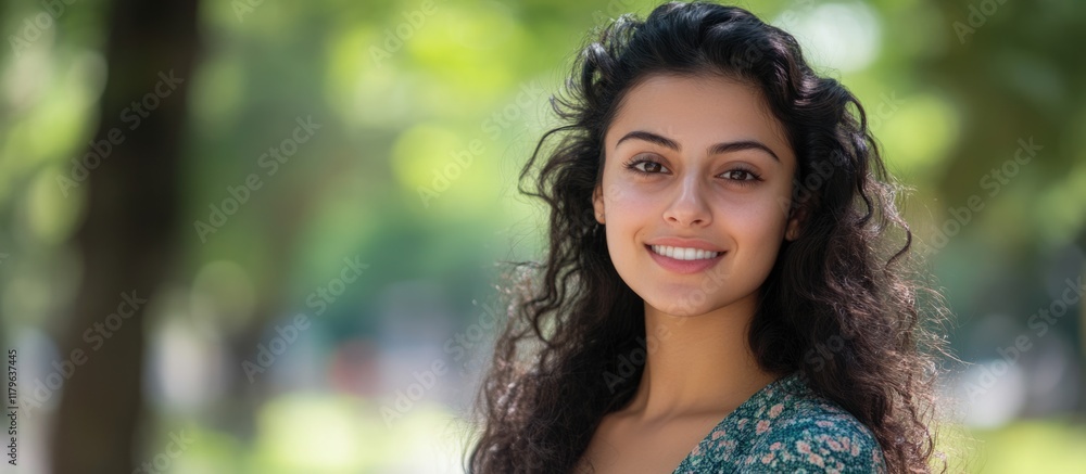 Portrait of beautiful young woman with curly dark hair smiling in sunny green park, showcasing vibrant nature and ample space for text or graphics Portrait of beautiful young woman with curly dark hair smiling in sunny green park, showcasing vibrant nature and ample space for text or graphics