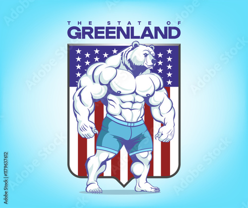 Vector fictional coat of arms or emblem. Powerful muscular strong bodybuilder polar white bear in shorts. Shield with US flag. Inscription, State of Greenland. Cartoon strongman bear.