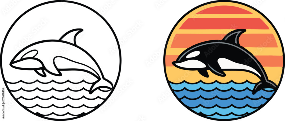 Fototapeta premium Orca Whale Sunset Ocean Design, Line Art, Coloring Page