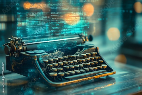  A vintage typewriter combined with futuristic holographic digital interfaces, blending classic design with modern technology in a creative and visually stunning concept.
