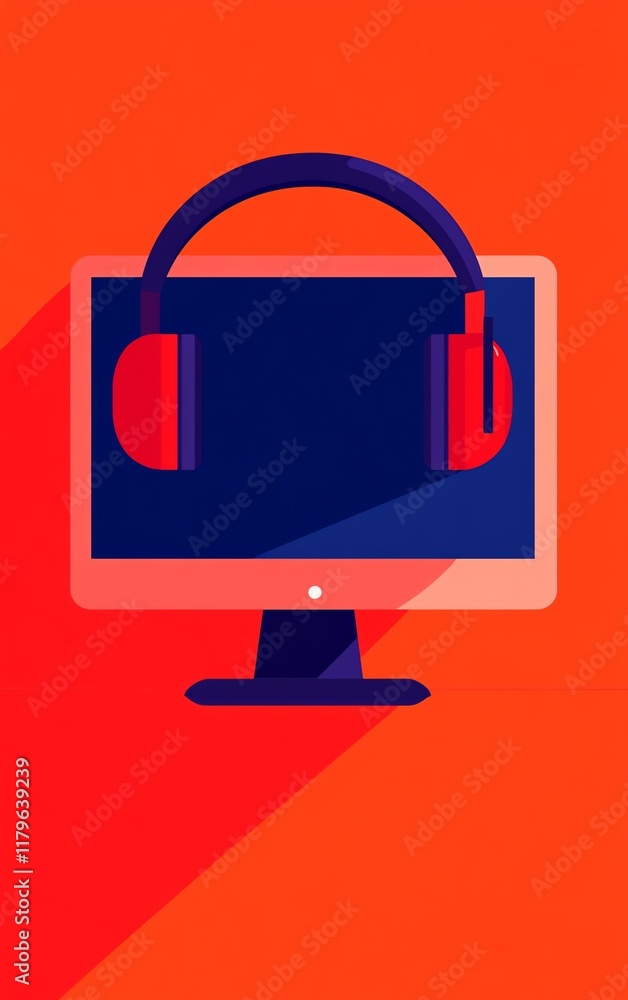 Headphones on computer screen, digital audio Headphones on computer screen, digital audio