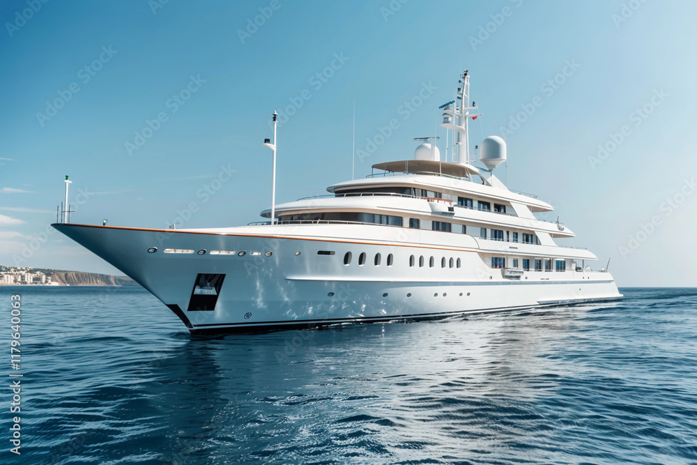 Luxury private big motor yacht in tropical sea with soft blue wave, abstract vivid composition consists of fictional unreal fantastic vision on background Luxury private big motor yacht in tropical sea with soft blue wave, abstract vivid composition consists of fictional unreal fantastic vision on background