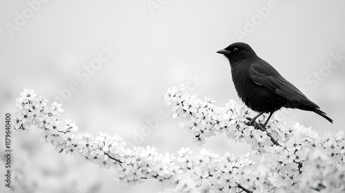 A bird sitting on a flowering branch, on a white background. Image in black and white.  