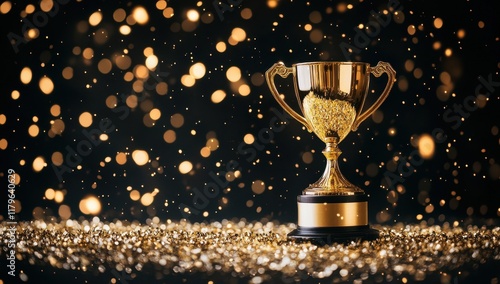 Golden trophy shines brightly surrounded by sparkling particles during a celebratory event at night