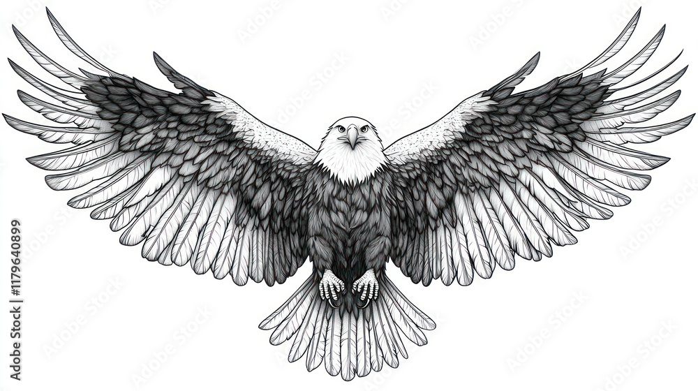 Obraz premium Majestic bald eagle with wings spread wide, detailed pencil sketch.