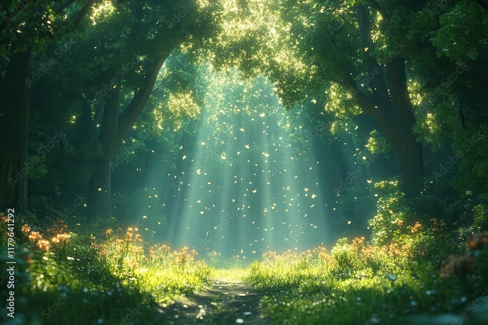 Obraz premium mystical woodland forest scene in anime style with ethereal light rays filtering through ancient trees and magical floating particles