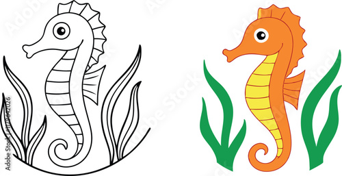 Seahorse Illustration Coloring Page, Aquatic Animal, Ocean Life, Marine Creature, Underwater World photo